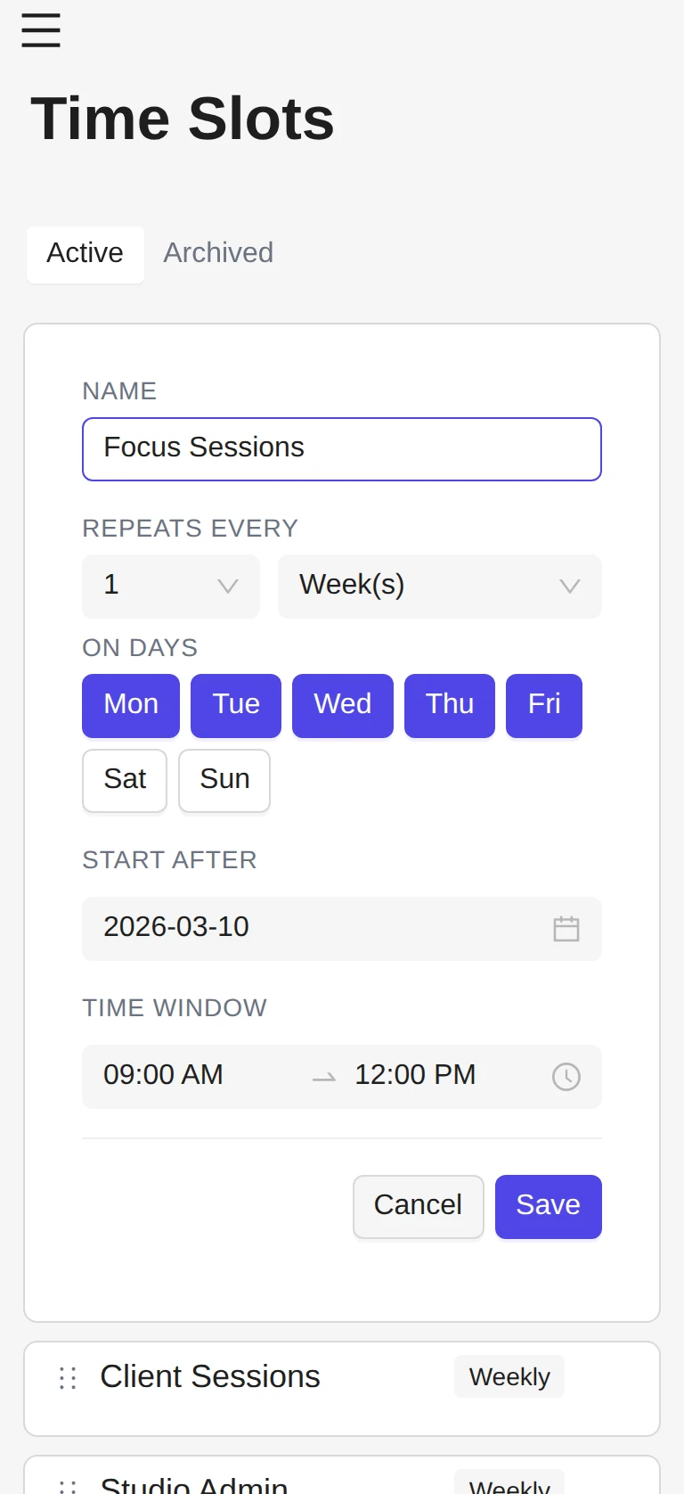 Time slot management, with focused work blocks and recurring commitments
