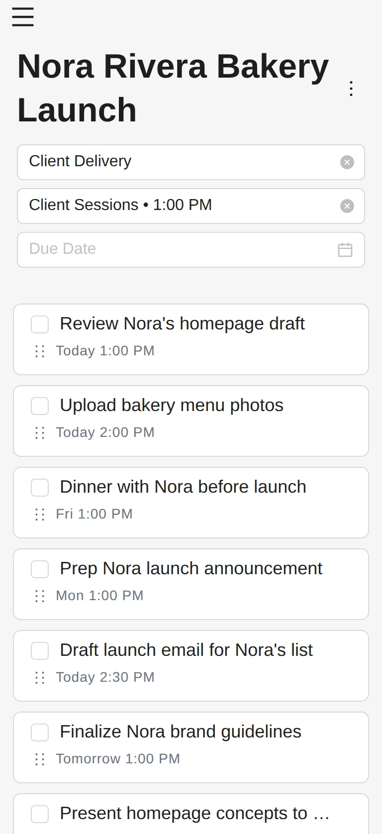 Project detail view showing tasks linked to a specific project and time slot