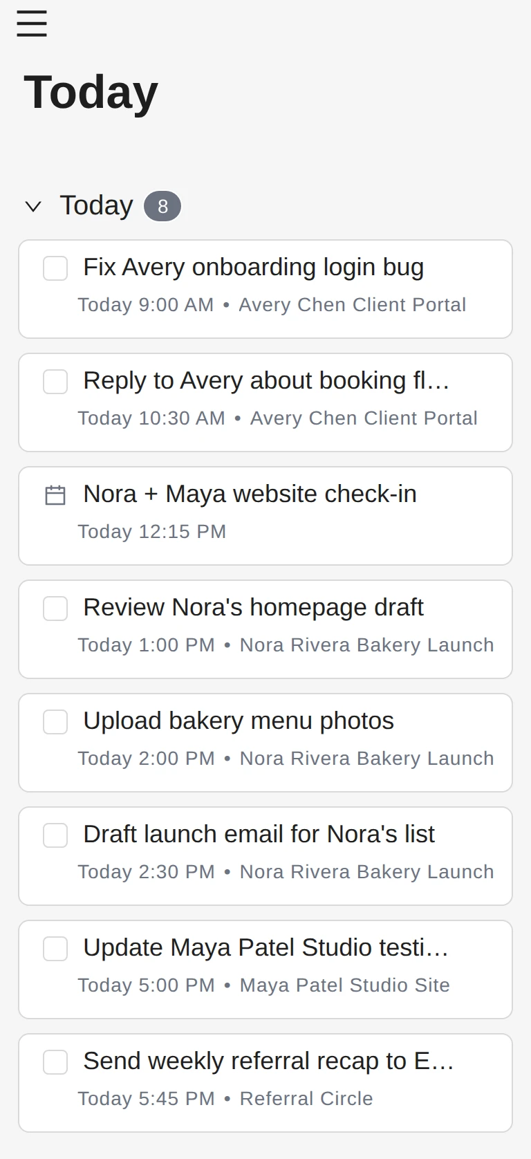 AgendaCraft Today view showing a time-blocked daily schedule with tasks, calendar events, and capacity tracking