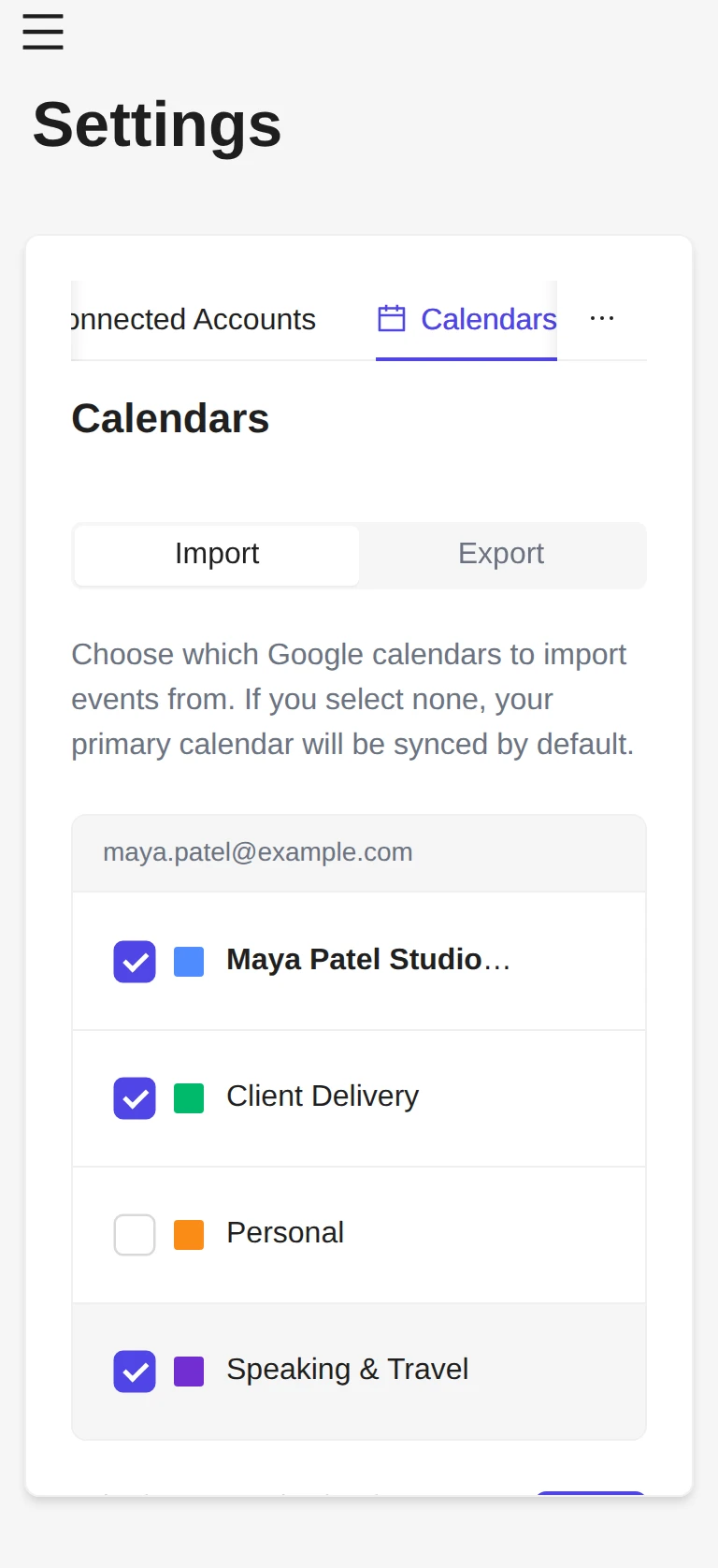 Calendar sync settings for importing external calendars into your schedule