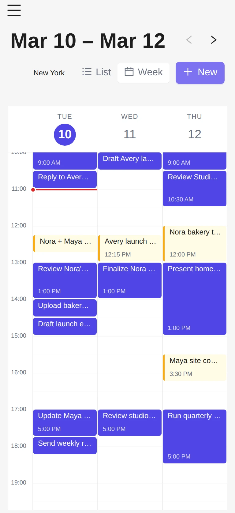Weekly calendar view showing tasks and events laid out across the week